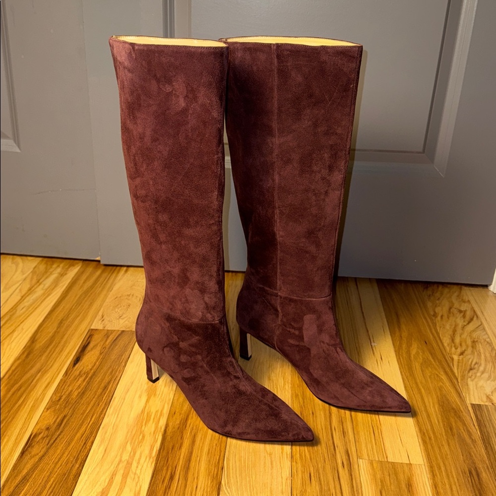Nine West Knee High Boots Burgundy Suede Pointed Toe Heel Boots - Picture 6 of 11